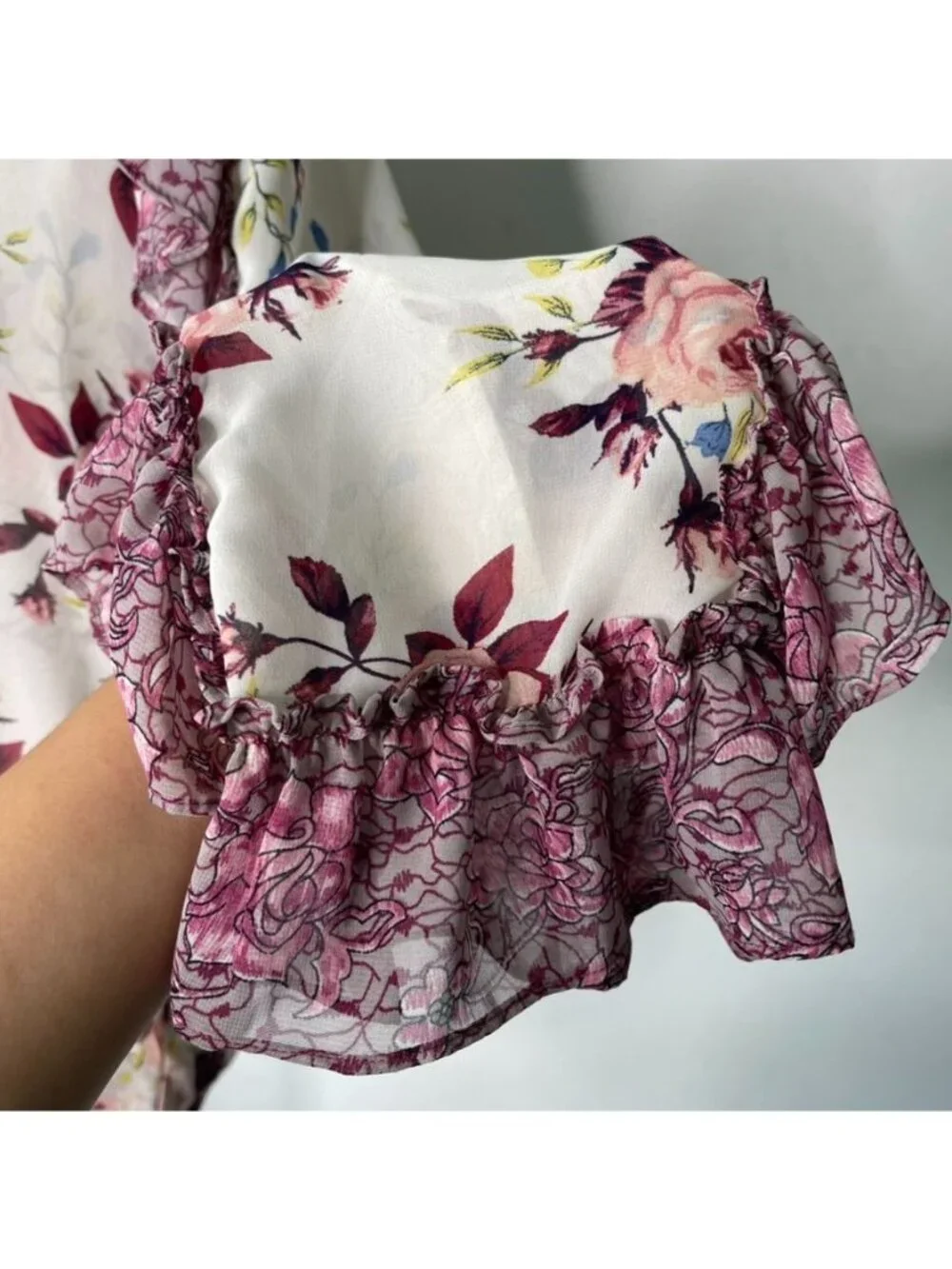 MISA Los Angeles Sia Floral Chiffon Ruffle Blouse XS Burgundy Cream Boho Tassel - Picture 4 of 12